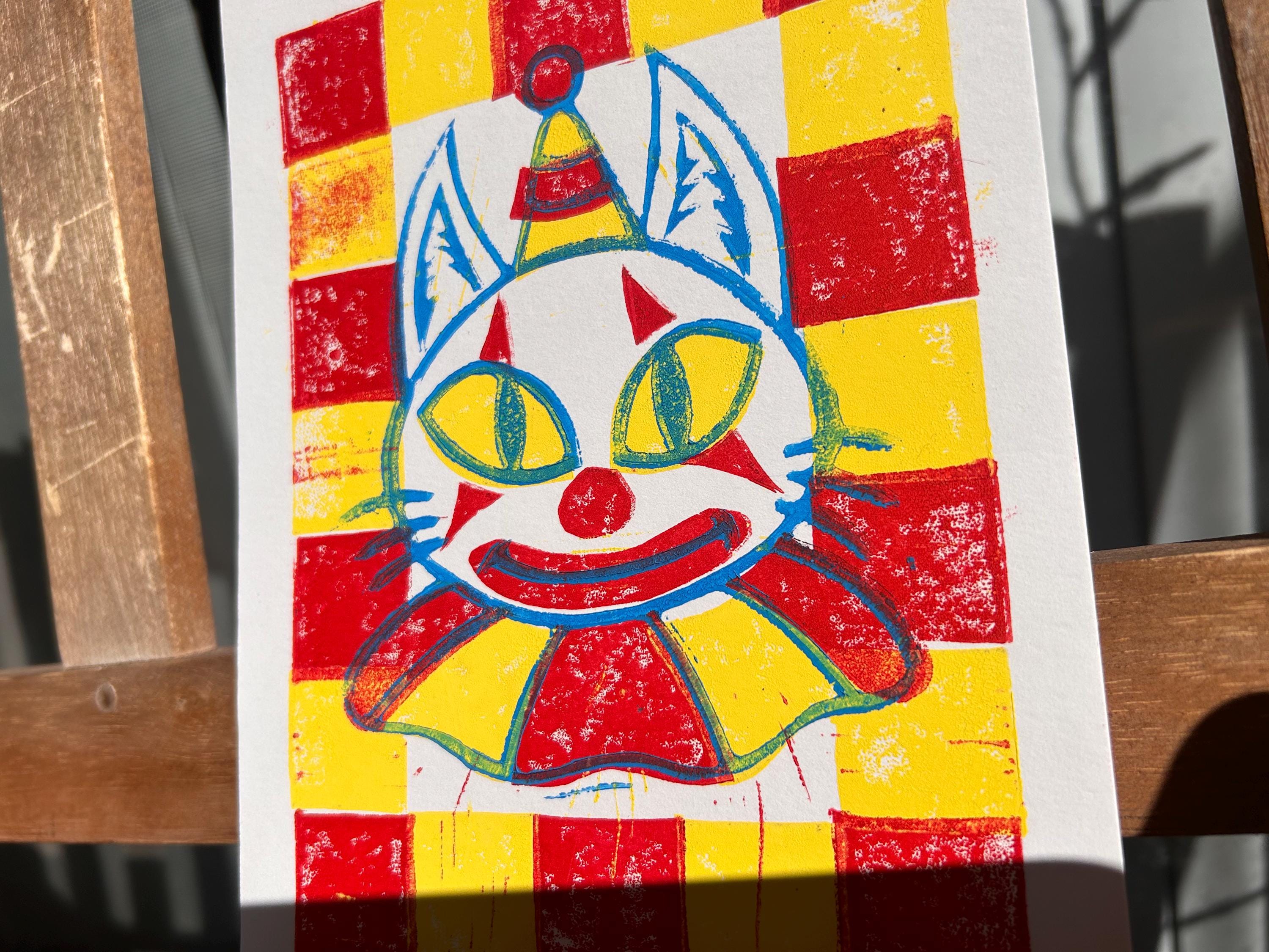 Clown Kitty, 6x8 - linoprint