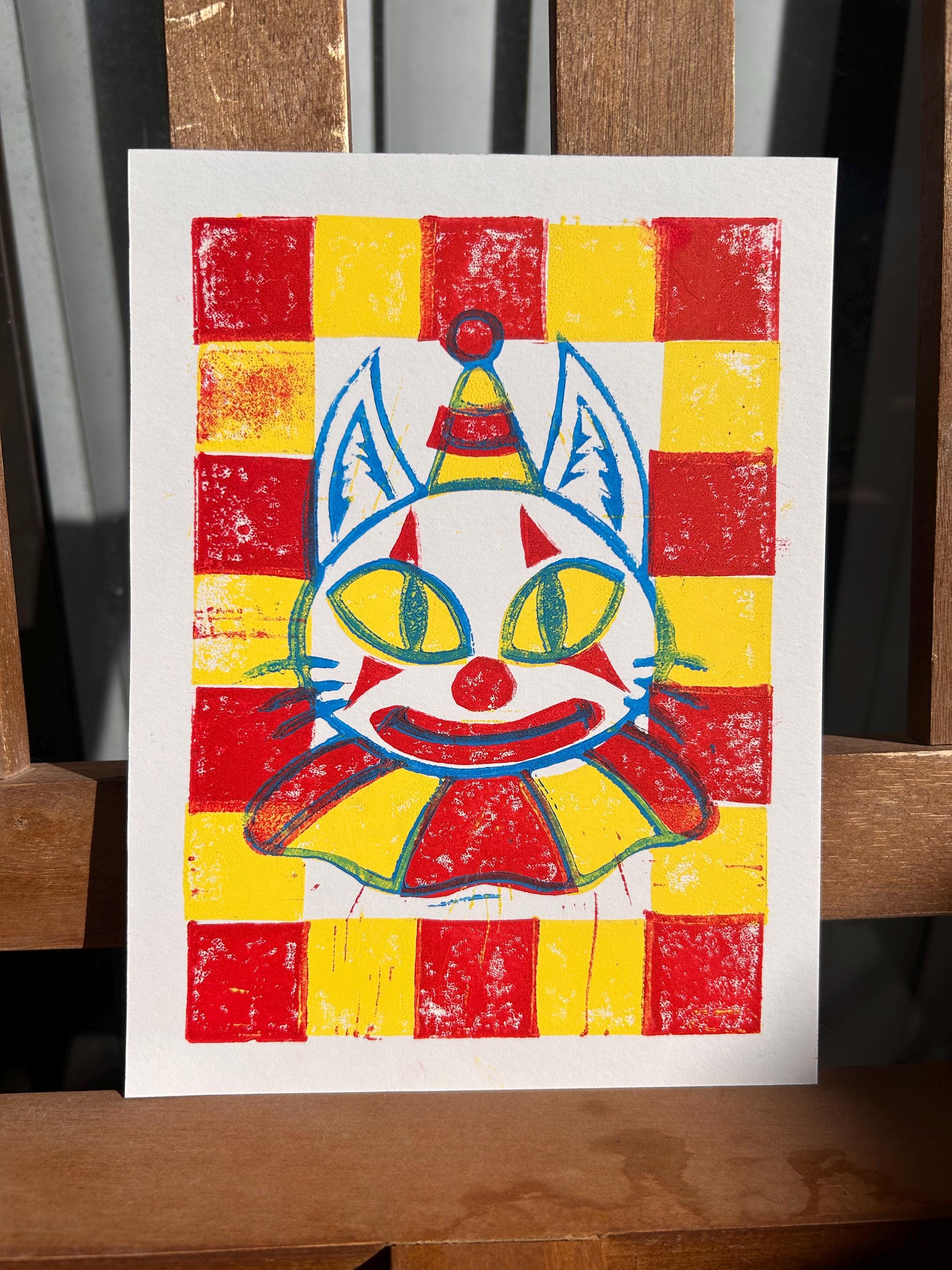 Clown Kitty, 6x8 - linoprint