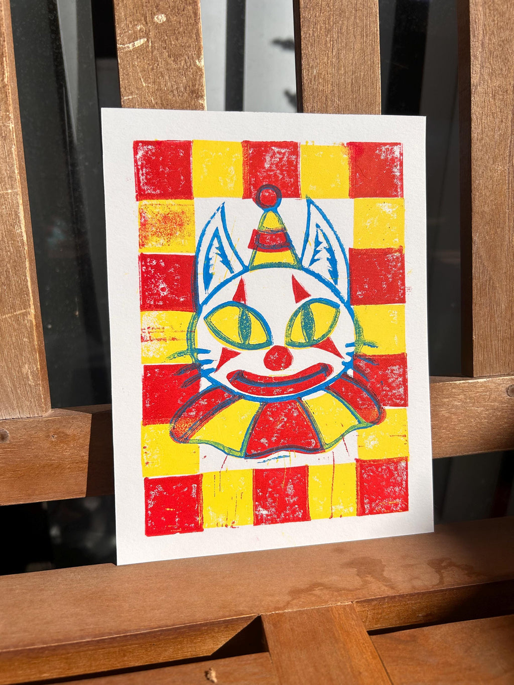 Clown Kitty, 6x8 - linoprint