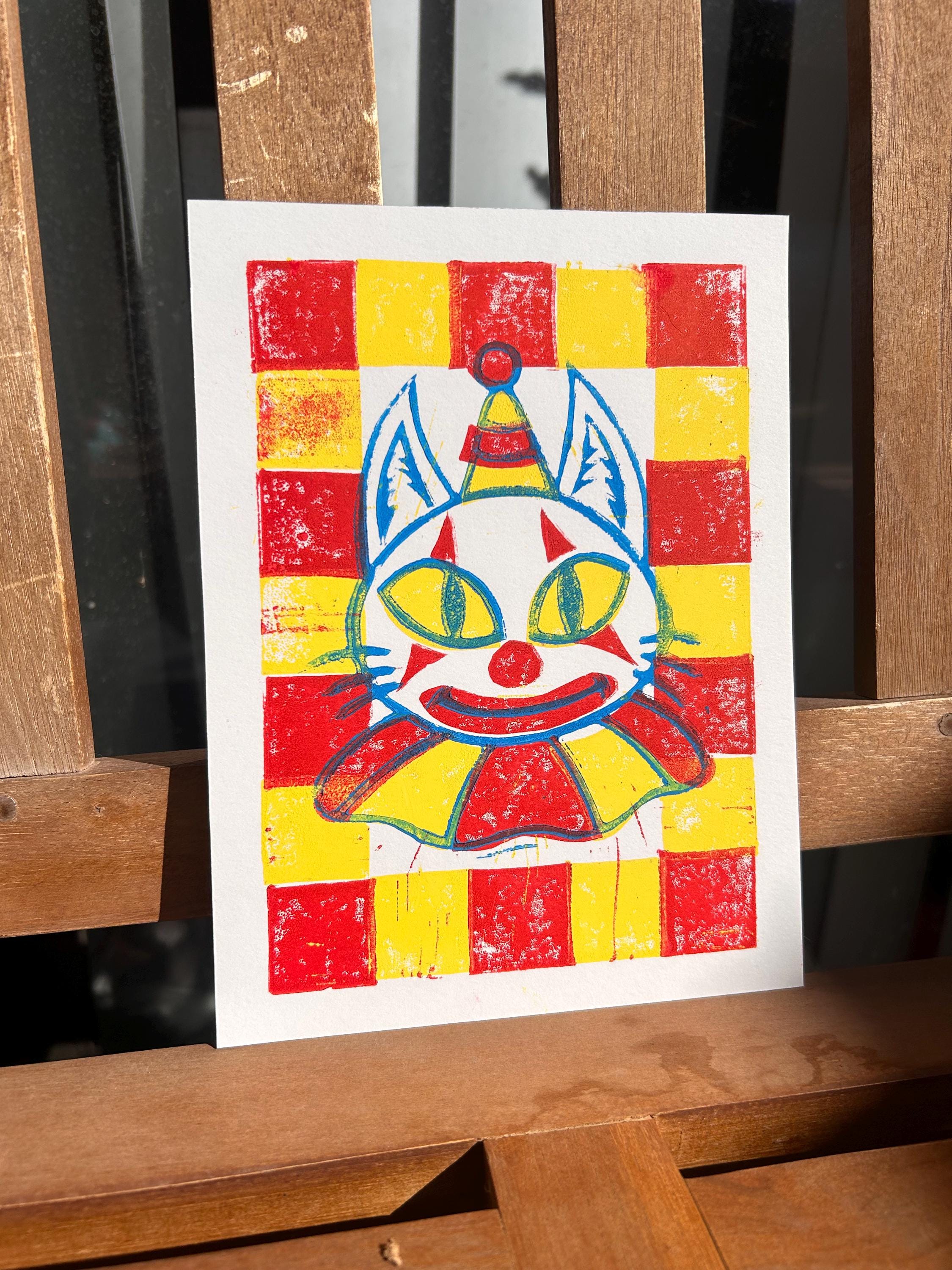 Clown Kitty, 6x8 - linoprint