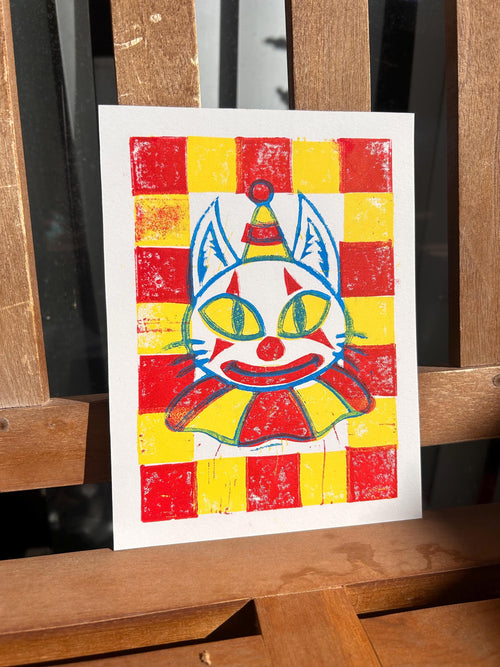 Clown Kitty, 6x8 - linoprint
