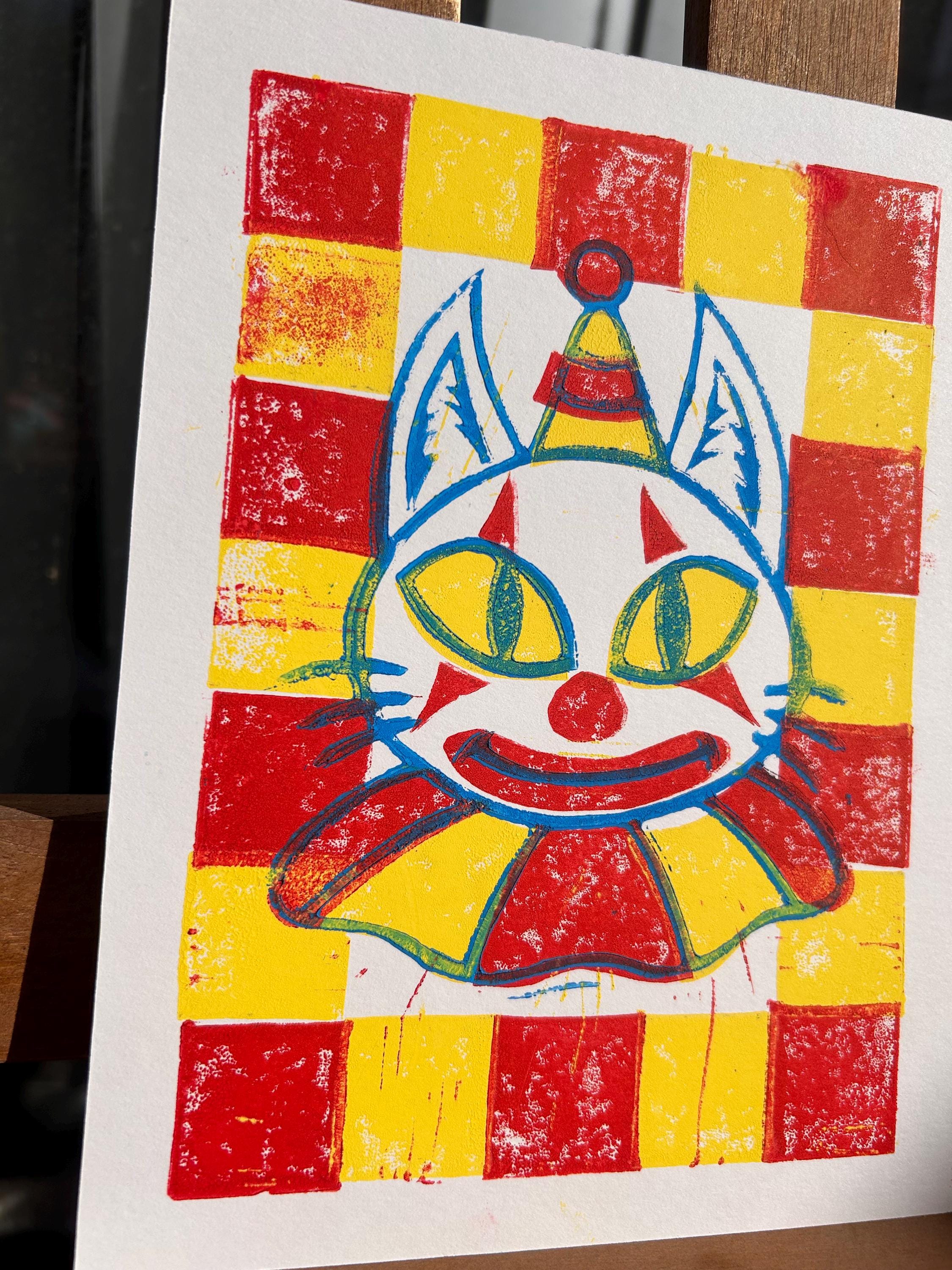 Clown Kitty, 6x8 - linoprint